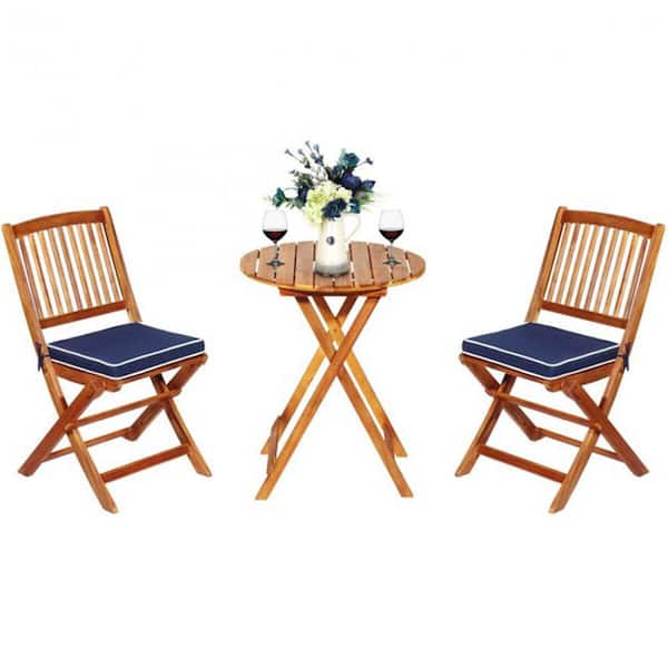 FORCLOVER 3-Piece Acacia Wood Foldable Outdoor Bistro Set with Navy Cushions Outdoor Furniture Set