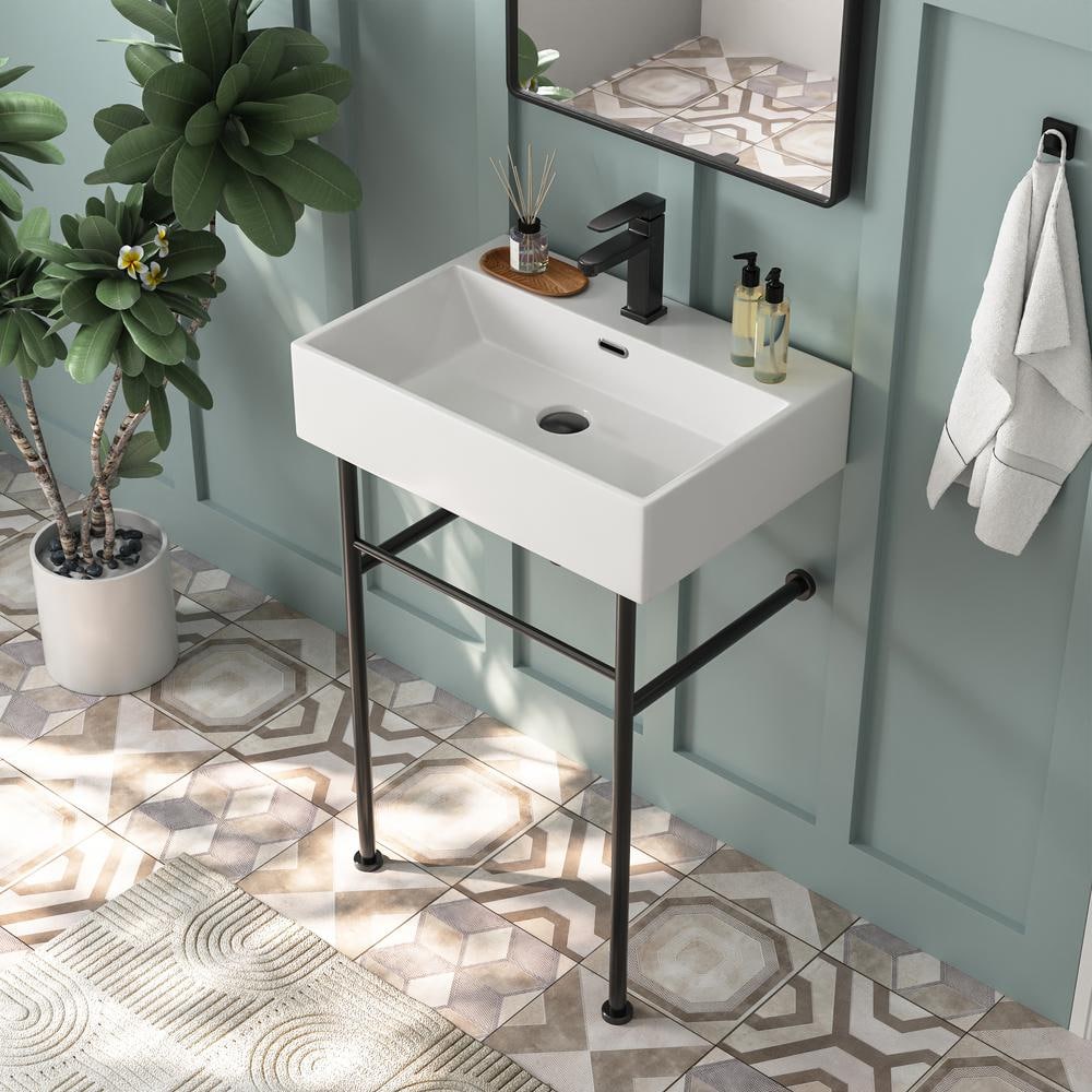 24" White Ceramic Console Bathroom Sink with Black Legs