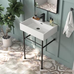 24 in. Ceramic White Rectangular Bathroom Console Sink with Black Legs and Overflow