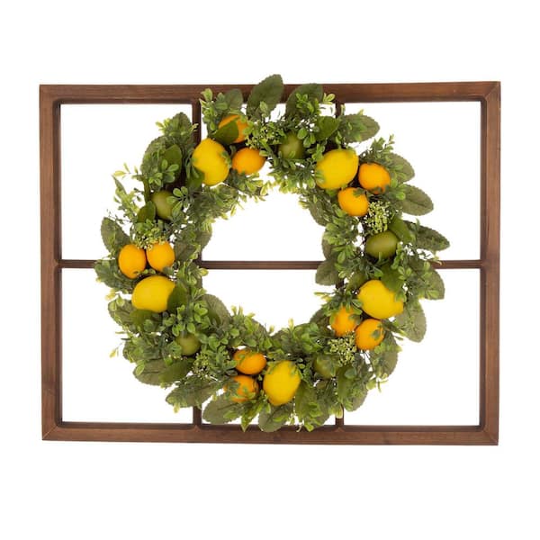 Glitzhome 28 in. Artificial Wooden Window Frame with 22 in. Artificial Greenery Lemon Wreath