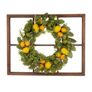 28 in. Artificial Wooden Window Frame with 22 in. Artificial Greenery Lemon Wreath