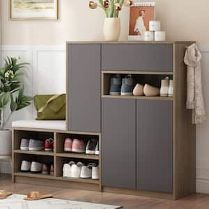 2-in-1 43.4 in. H x 55.1 in. W Gray Wood Shoe Storage Bench and Shoe Cabinets with Padded Seat with Adjustable Shelves