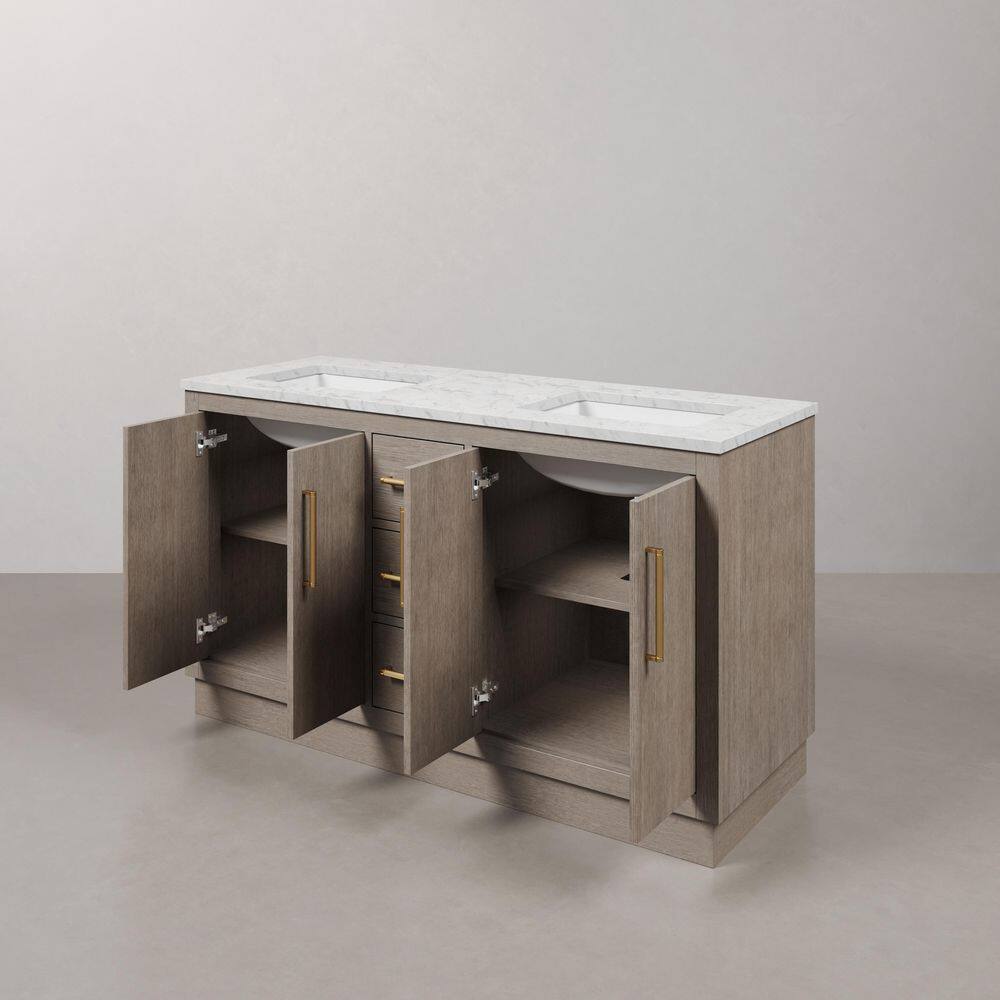 Hugo 60'' Grey Oak Double Sink Vanity with Satin Gold Hardware