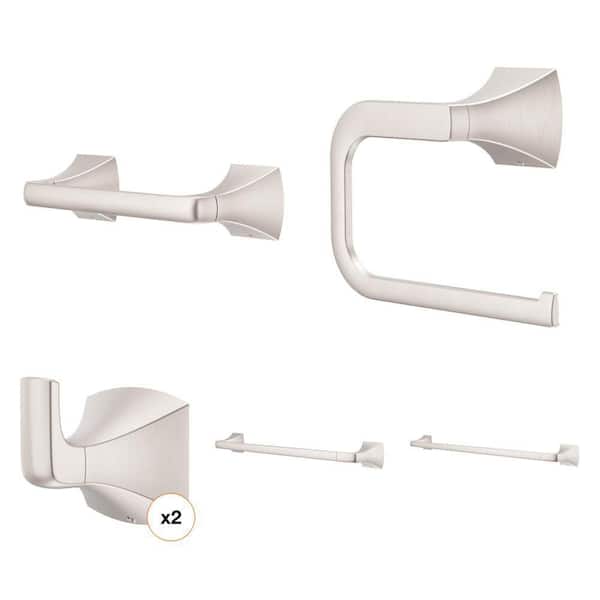 Bruxie Brushed Nickel 5-Piece Bath Set: 24 in. & 18 in. Towel Bars, Toilet Paper Holder, and Robe/Hand Towel Hooks