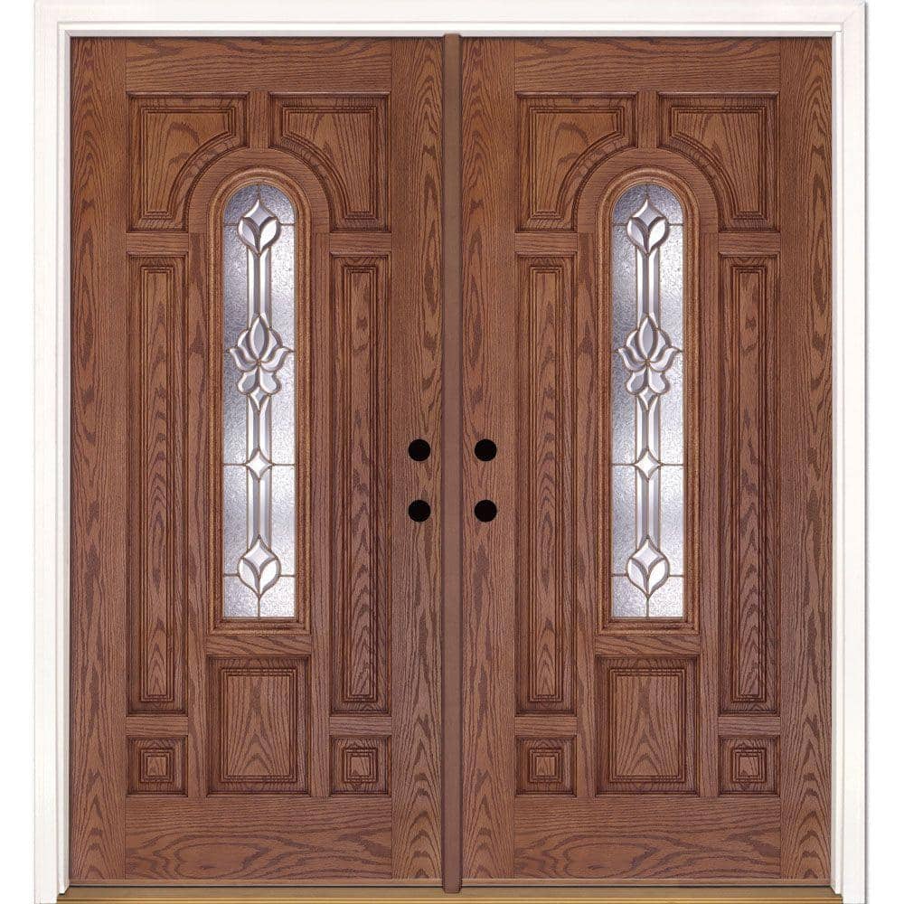 74 in. x 81.625 in. Medina Brass Center Arch Lite Stained Medium Oak Right-