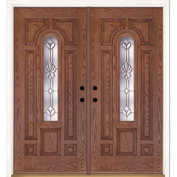 74 in. x 81.625 in. Medina Brass Center Arch Lite Stained Medium Oak Right-Hand Fiberglass Double Prehung Front Door