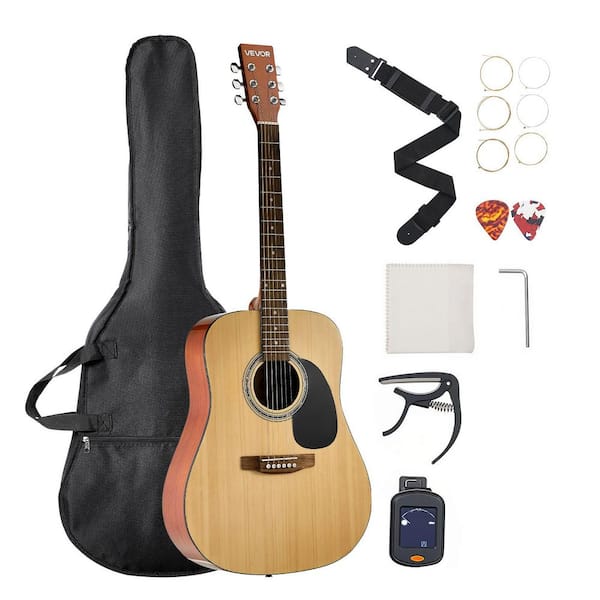 Dreadnought Acoustic Guitar 41 in. 6-String Natural Solid Spruce Top Guitar Beginner Bundle with Gig Bag Tuner