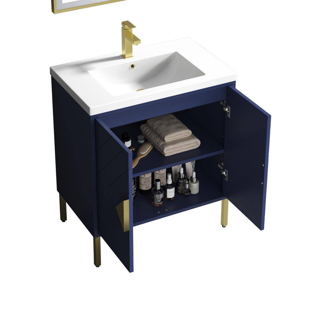 Navy Blue Wood Freestanding Bathroom Vanity with White Acrylic Top
