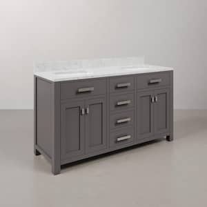 Madison 60 in. W x 21.5 in. D x 34 in. H Double Sink Bath Vanity in Cashmere Grey with Carrara White Marble Top