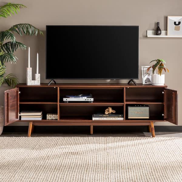 70 in. Walnut Solid Wood Mid Century Modern TV Stand with 2-Doors (Max tv size 80 in.)