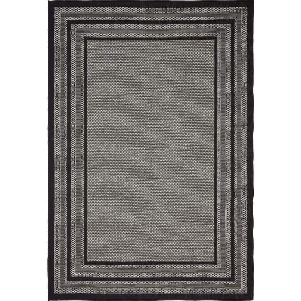 6' x 9' Gray Multi Border Outdoor Flat Woven Rug