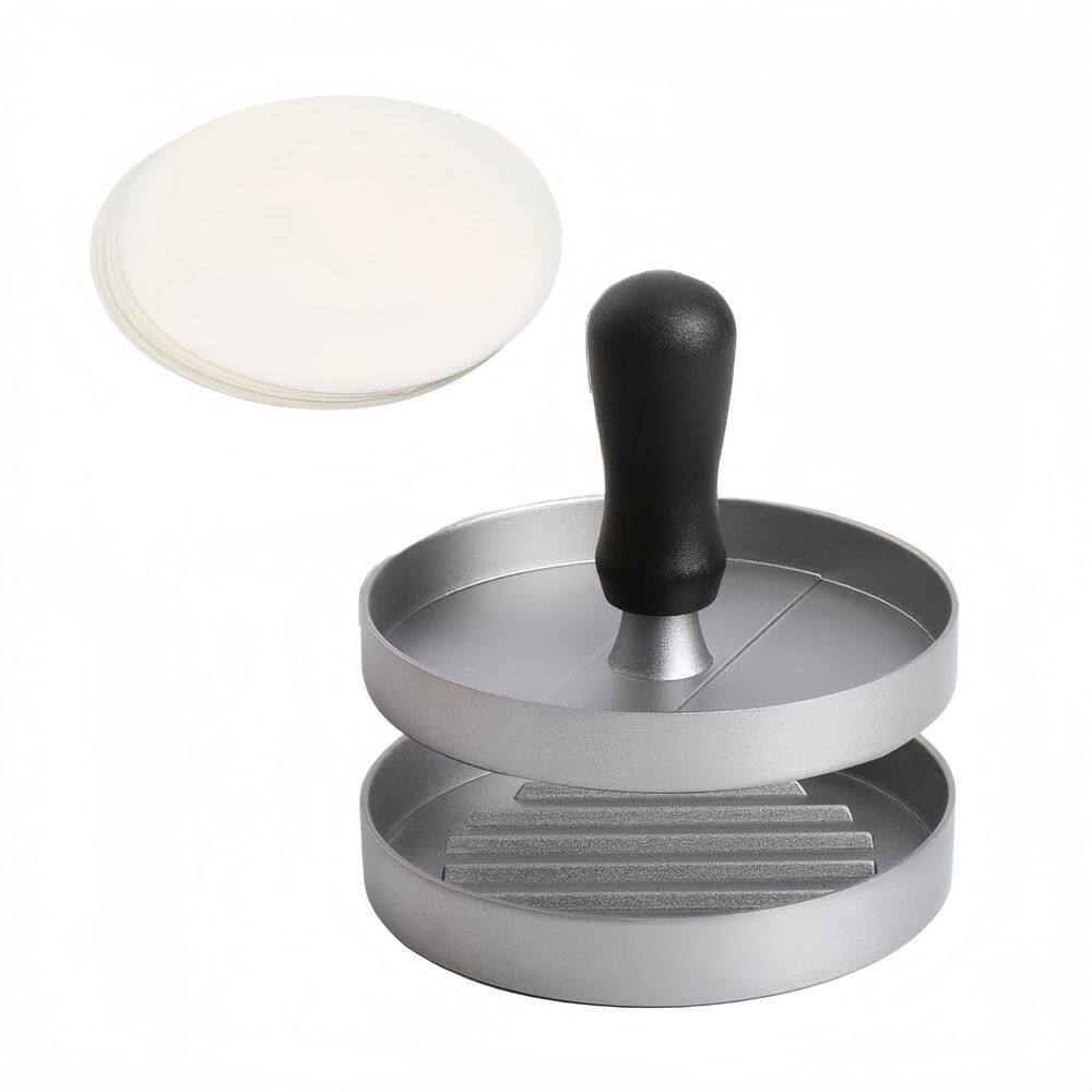 Aluminum Burger Press with Non-Stick and 150 Patty Wax Paper for Outdoor, Kitchen, BBQ Grill (1-Pack)