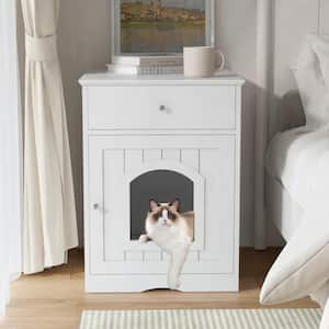 Wooden Pet House Cat Litter Box Enclosure with Drawer Side Table Indoor Pet Crate Cat Home Nightstand in White