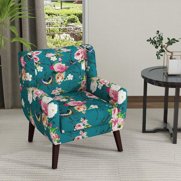 Uixe Blue And Floral Pattern Linen Upholstery Arm Chair (Set of 1