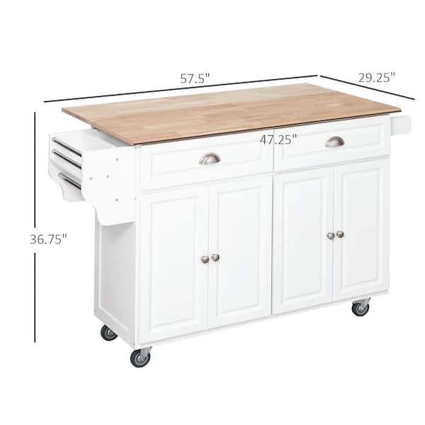 CESICIA White Wood Base with Wood Top Rolling Kitchen Island (29.25-in x 57.5-in x 36.75-in)