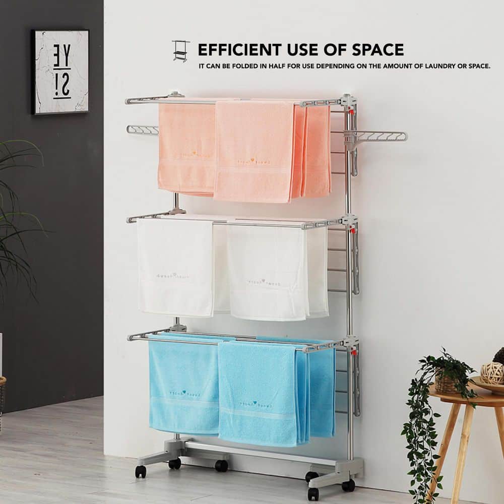 Stainless Steel 3-Tier Foldable Clothes Drying Rack with Adjustable Trays