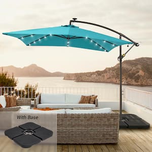 8.2 ft. Square Solar LED Cantilever Patio Umbrellas With Base in Lake Blue