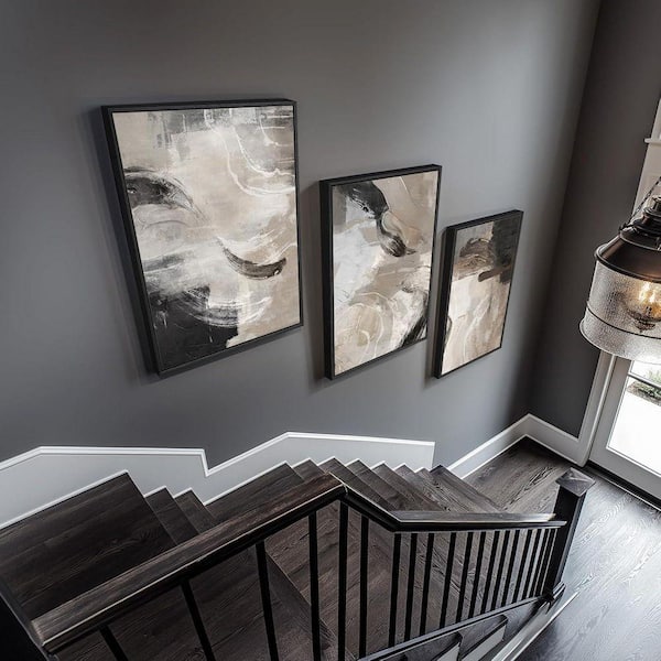 3 Piece Large Framed Neutral Abstract Wall Art Poster, Black Beige