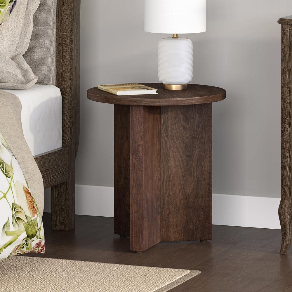 Alder Brown 20" Round Wood Side Table with X-Base