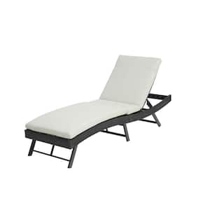 Folding Wicker Rattan Outdoor Chaise Lounge with Adjustable Back, Beige Cushions and Folding Table for Patio, Pool