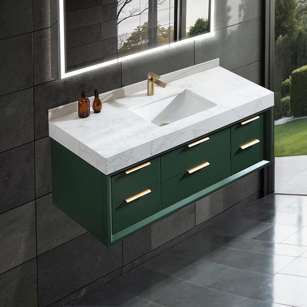 48 in. W X 20.7 in. D X 21.3 in. H Floating Bathroom Vanity in Green solid Oak/White Marble Countertop and Lights