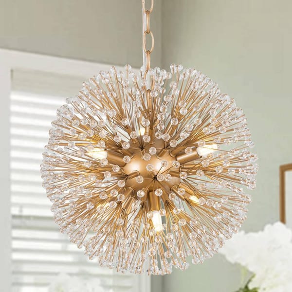 6 Light Sputnik Brass Dimmable Globe Ball Chandelier With Crystal Beaded