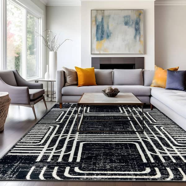 Bohemian Lines Area Rug Black 7 ft. 10 in. x 10 ft. Area Rug