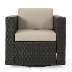 Dark Brown Swivel Faux Rattan Outdoor Lounge Chair with Beige Cushion