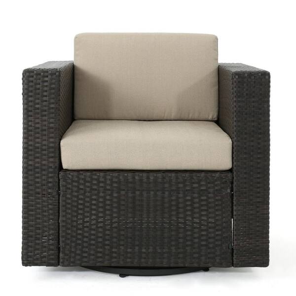 Noble House Dark Brown Swivel Faux Rattan Outdoor Lounge Chair with Beige Cushion