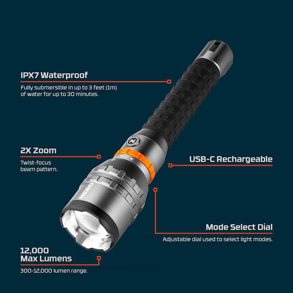 nebo 12 000 lumen flashlight NEBO Davinci 12000 Lumens Rechargeable Flashlight and Power Bank  NEB-FLT-0057