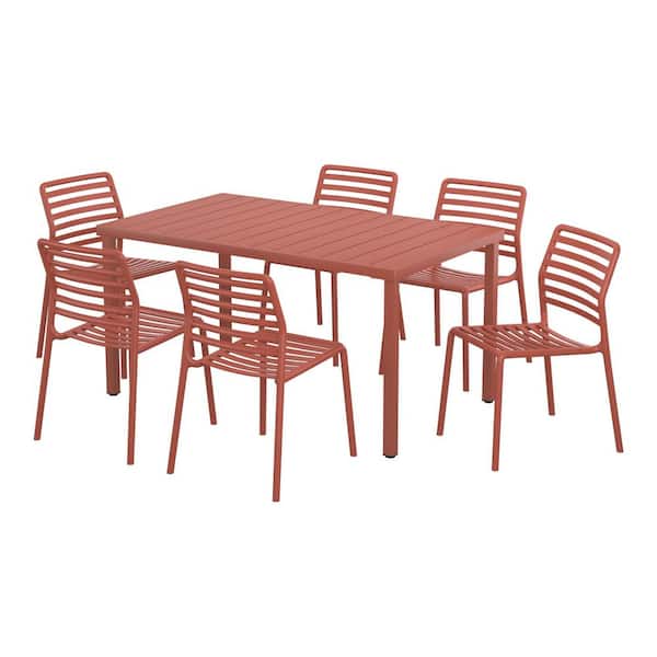 WESTIN OUTDOOR Frond and Form Outdoor Patio Modern 7-Piece Rectangular Steel Table, 6 Stackable HDPE Plastic Chairs Dining Set, Red