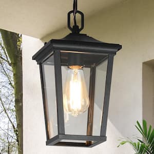 Modern Black Outdoor Pendant 1-Light Coastal Hanging Lantern with Clear Glass Shade for Covered Gazebo Front Door