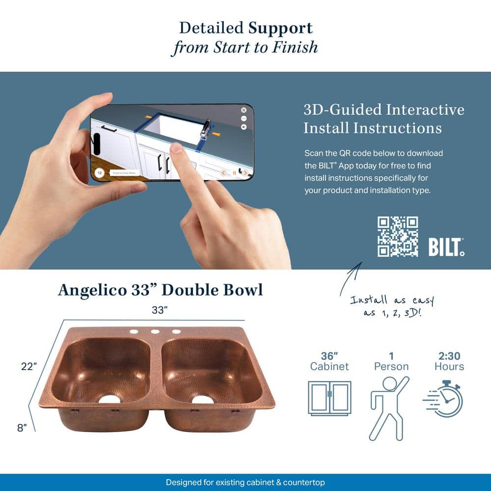 Angelico Copper 33" Double Bowl Drop-In Kitchen Sink