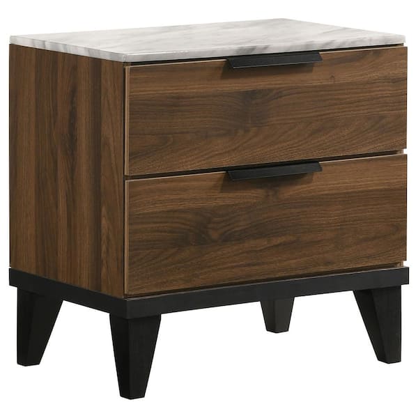 Coaster Mays Walnut Brown 2-Drawer Nightstand with Faux Marble Top