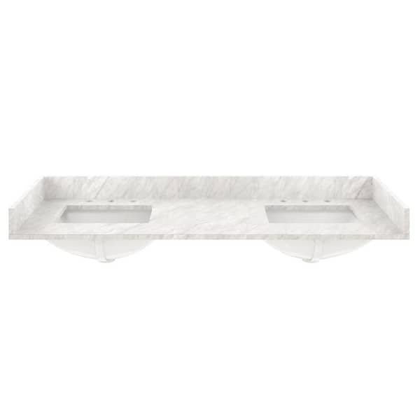 CASAINC 61 in. W x 22 in. D Natural Marble Vanity Top White Italian Carrara Bathroom in White with Double Sink