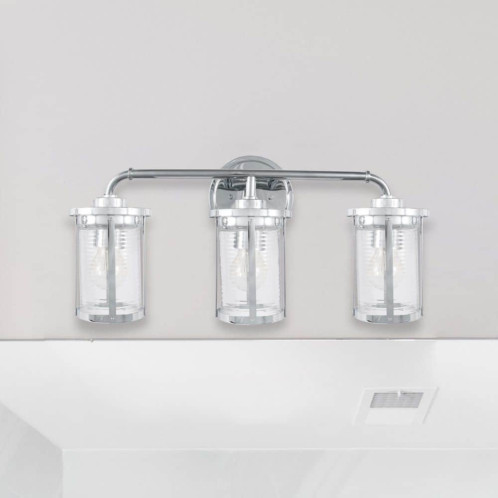 23 in. 3-Light Chrome Transitional Vanity Light with Clear Ribbed Glass Shades price history on PriceWatchPro