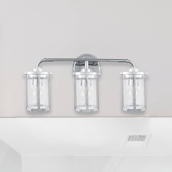 Cordelia Lighting 23 in. 3-Light Chrome Transitional Vanity Light with Clear Ribbed Glass Shades