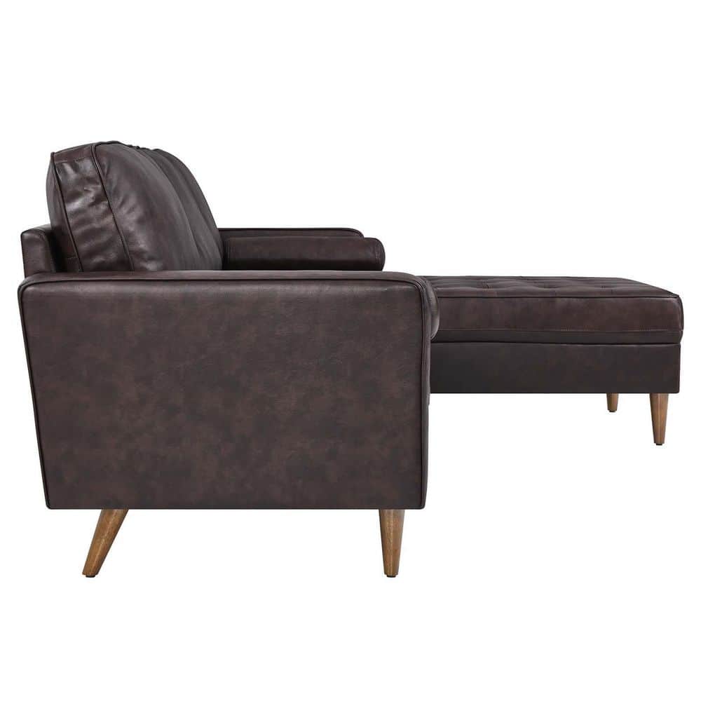 Elegant Tufted Brown Faux Leather 98" Sectional Sofa with Wood Accents