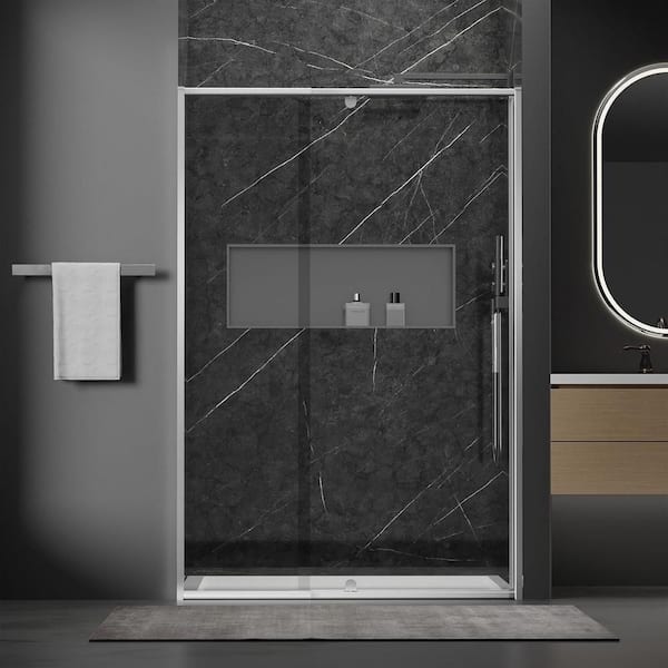 38 in. to 42 in. W x 71 in. H Pivot Semi-Frameless Shower Door in Brushed Nickel with Tempered Glass
