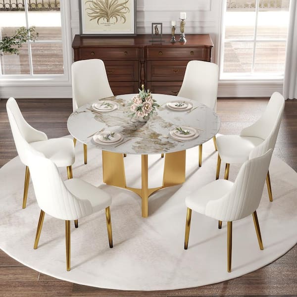 Magic Home 53.15 in. Pandora Sintered Stone Tabletop with Gold Pedestal Base Dining Table (Seats-6)