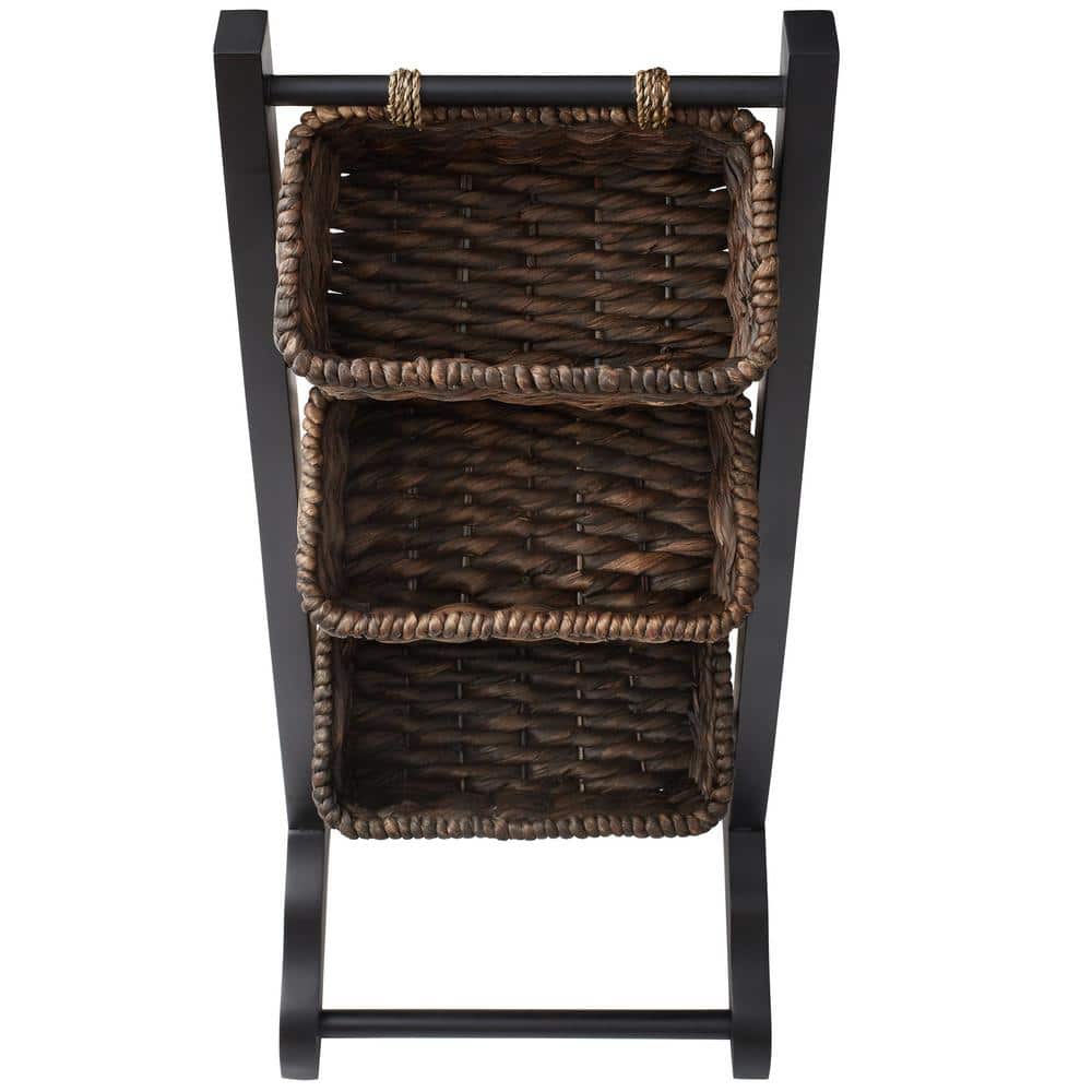 Acacia Wood 3-Tier Black and Espresso Storage Rack with Hyacinth Baskets