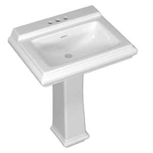 26 in. W x 20 in. D Vintage Vitreous China Rectangular White Sink Bathroom Sink with Holes Ceramic Pedestal Sink