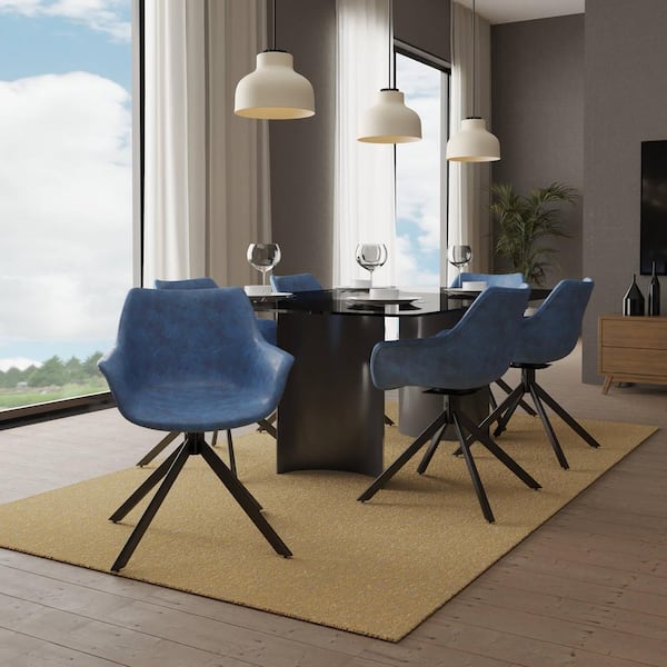 Leisuremod Swivel Dining Chair with Leather Seat and Iron Legs Modern Accent Side Armchairs in Light Blue