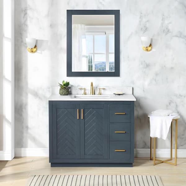 Gazsi 42 in. W x 22 in. D x 34 in. H Bath Vanity in Charcoal Blue with Grain White Composite Stone Top and Mirror