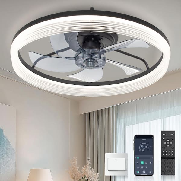ARISKEEN 20 in. Modern Indoor Black Flush Mount Ceiling Fans with Remote Control - Small Dimmable Light Timing Fan for Bedroom