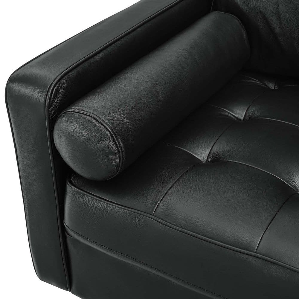 Luxurious 88" Black Leather Tufted Sofa with Walnut Wood Legs and Ottoman