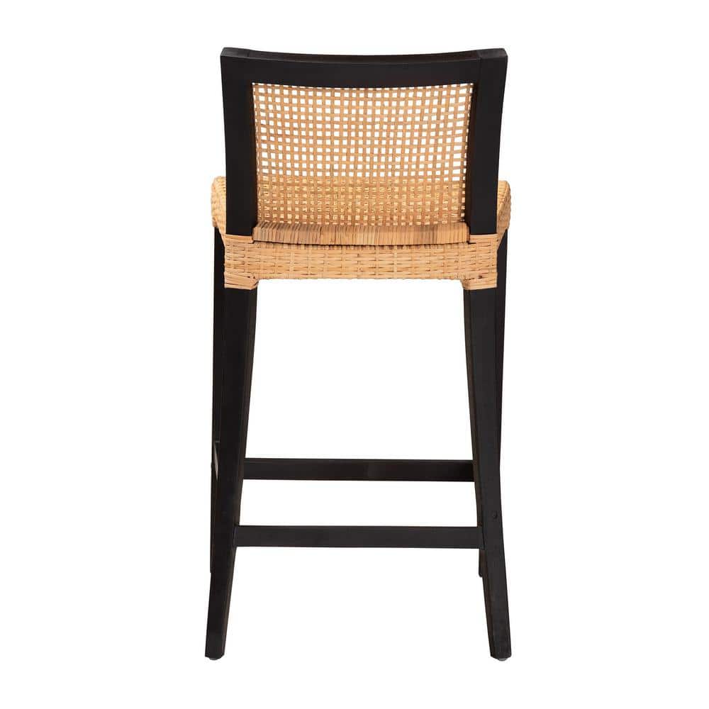 Lingga Dark Brown Mahogany Wood and Natural Rattan Counter Stool