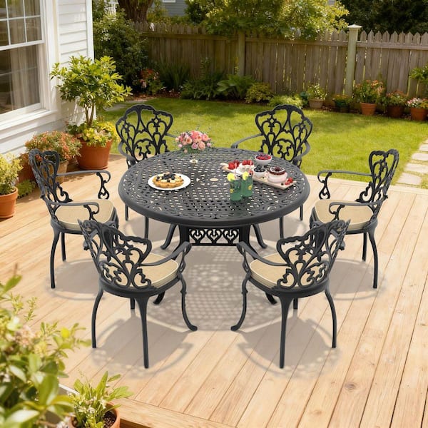 Black 7-Piece Cast Aluminum Outdoor Dining Set, 48.03 in. Round Dining Table and 6 Patio Chairs with Off-White Cushions