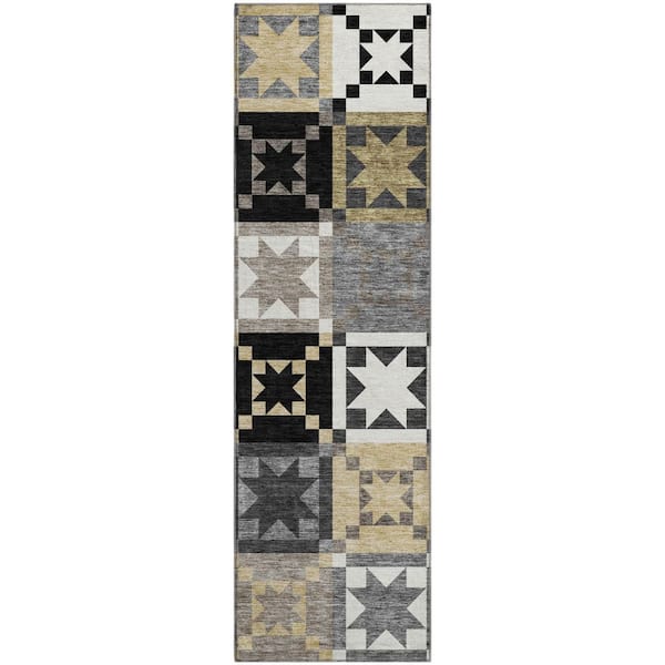 Mayfield Premium Machine Washable Abstract AMF2538 Black 2 ft. x 7 ft. Runner Rug