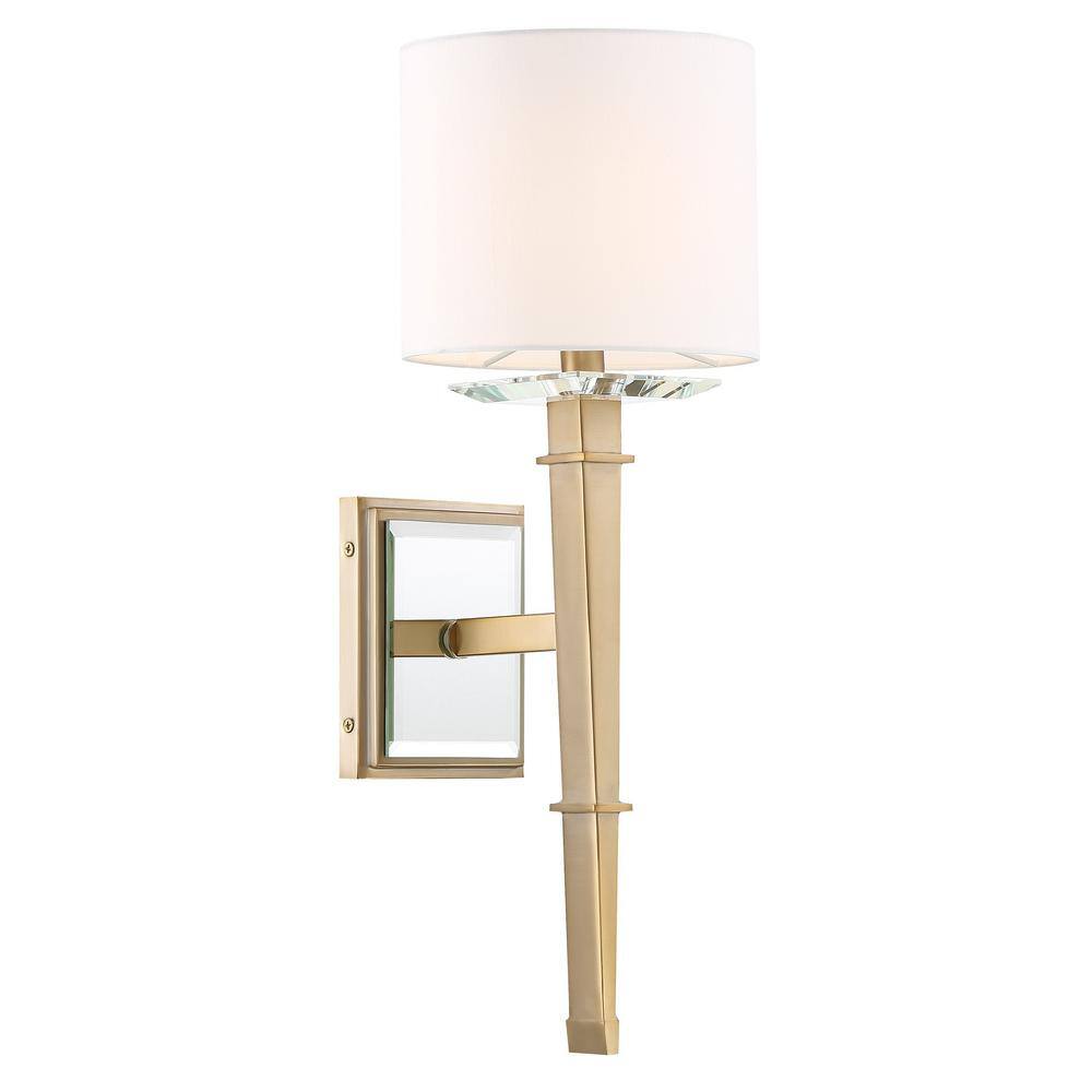Aged Brass and White Silk 1-Light Wall Sconce